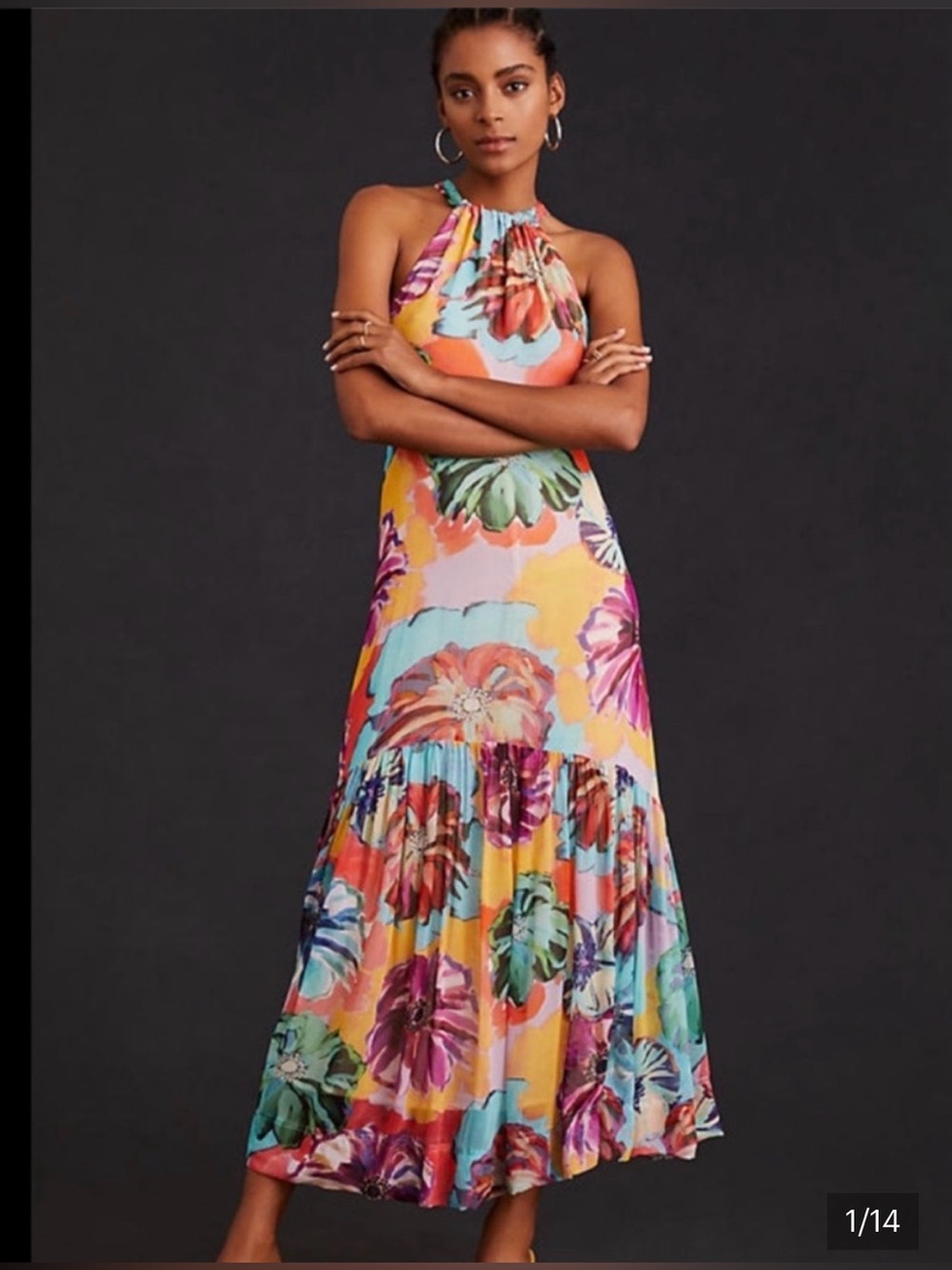 Anthropologie Maeve  bold Floral
Halter Maxi Dress Size Medium
Resort